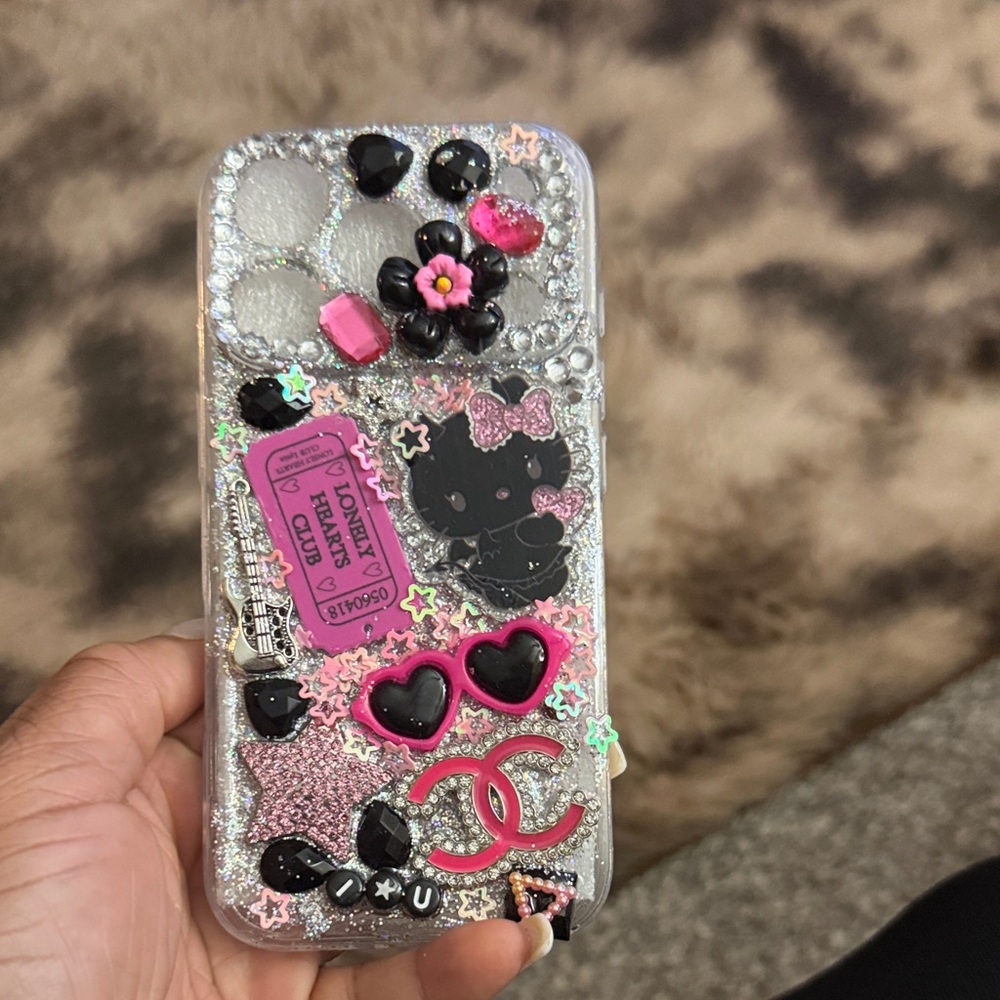 Decorative Glitter Phone Case with Pink and Black Accents